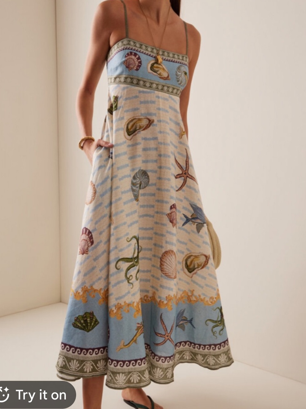 Caroline Constas 🔥 Seashell Print Spaghetti Strap Maxi sundress